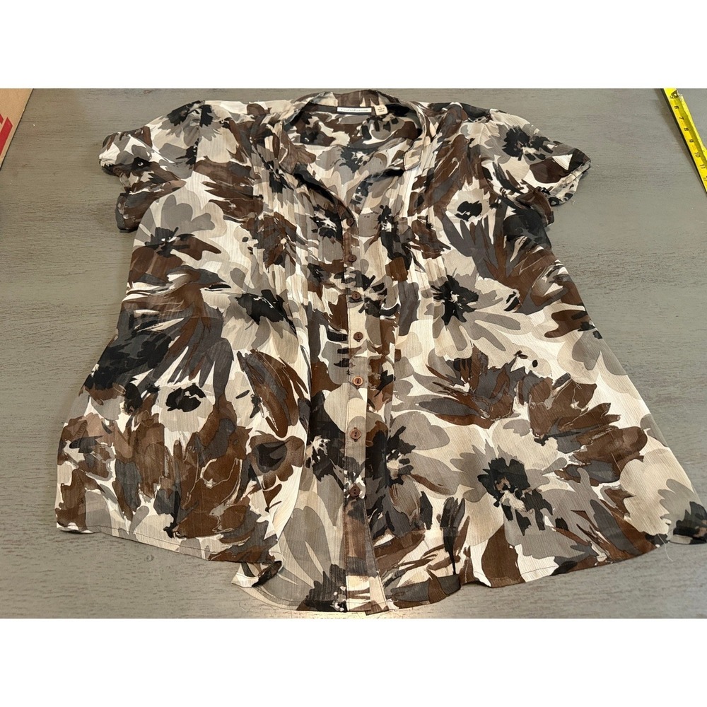 Croft & Barrow Womens XL Brown Floral Short Sleeve Blouse Pleated Front